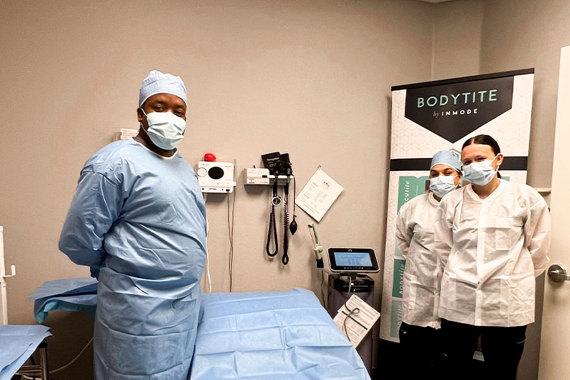 Peak Dermatology clinical team in procedure room alongside BodyTite by InMode equipment